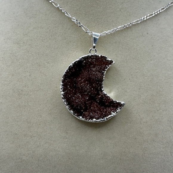 Red Amethyst Silver Plated Crescent Moon Pendant Necklace on Figaro Chain - Picture 3 of 11
